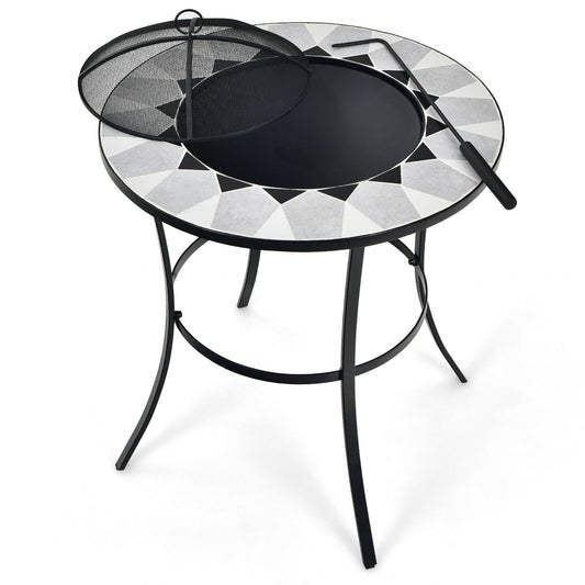 Gymax Fashion 23.5'' Round Fire Pit Table Wood Burning Heater W/ Mesh Cover & Fire Poker