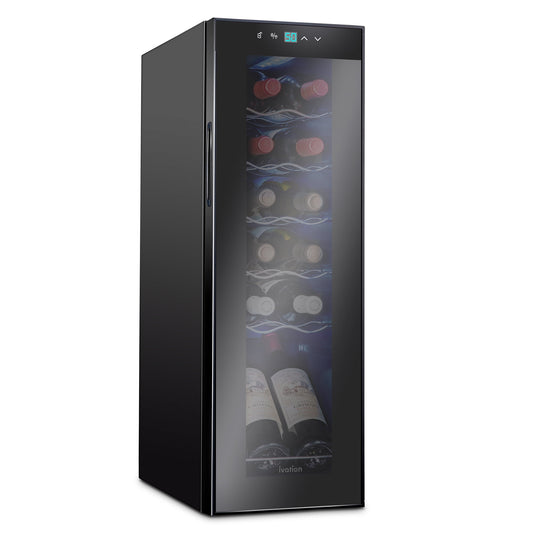 Ivation 12 Bottle Compressor Wine Cooler Refrigerator w/ Large Freestanding Wine Cellar Glass Door Black