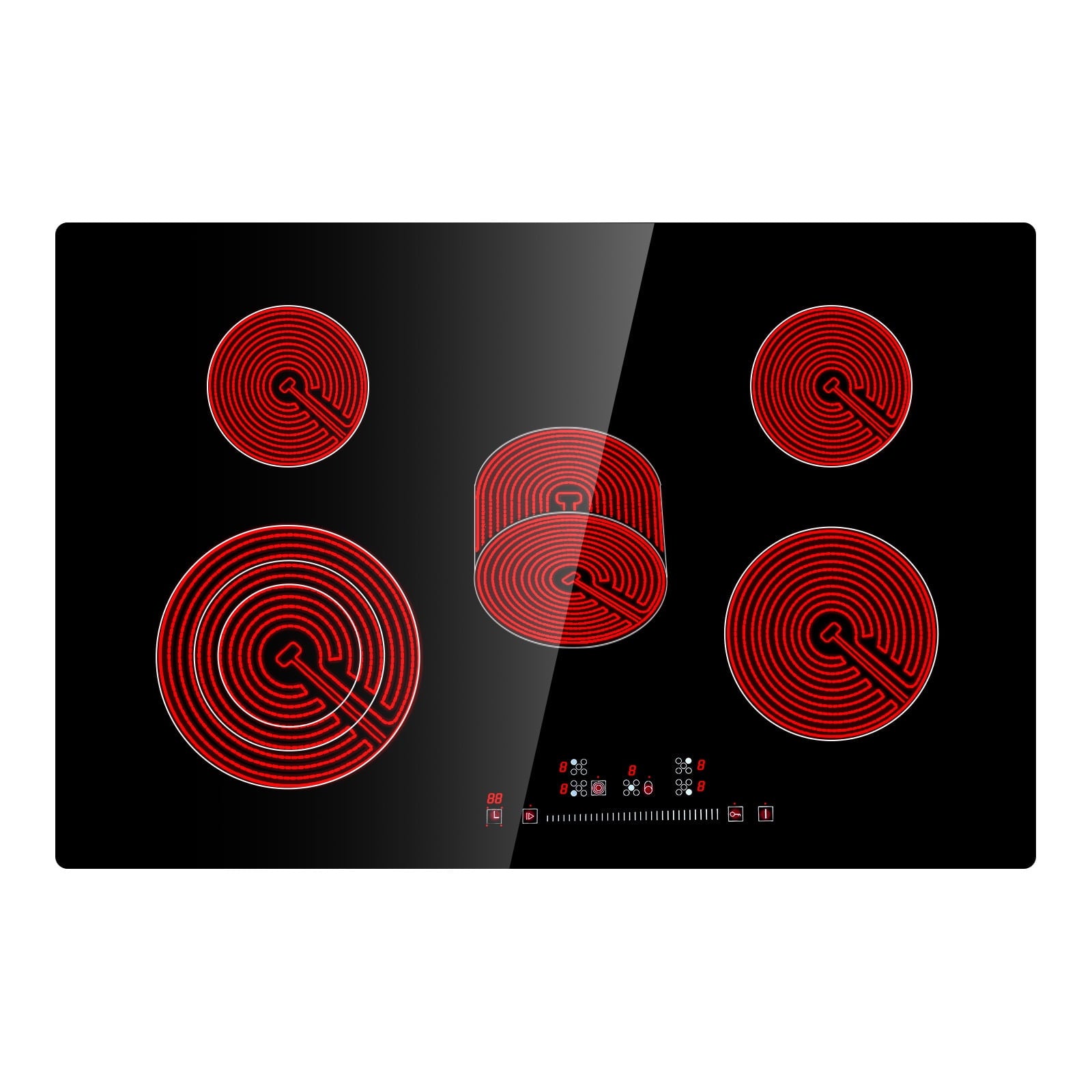 KFFKFF 8600W Electric Ceramic Cooktop, 30" 5 Burners Built-in Countertop Burners Cooker Touch Control, Overheat Protection, Child Lock, 9 Power Levels, 220-240V (NO Plug)