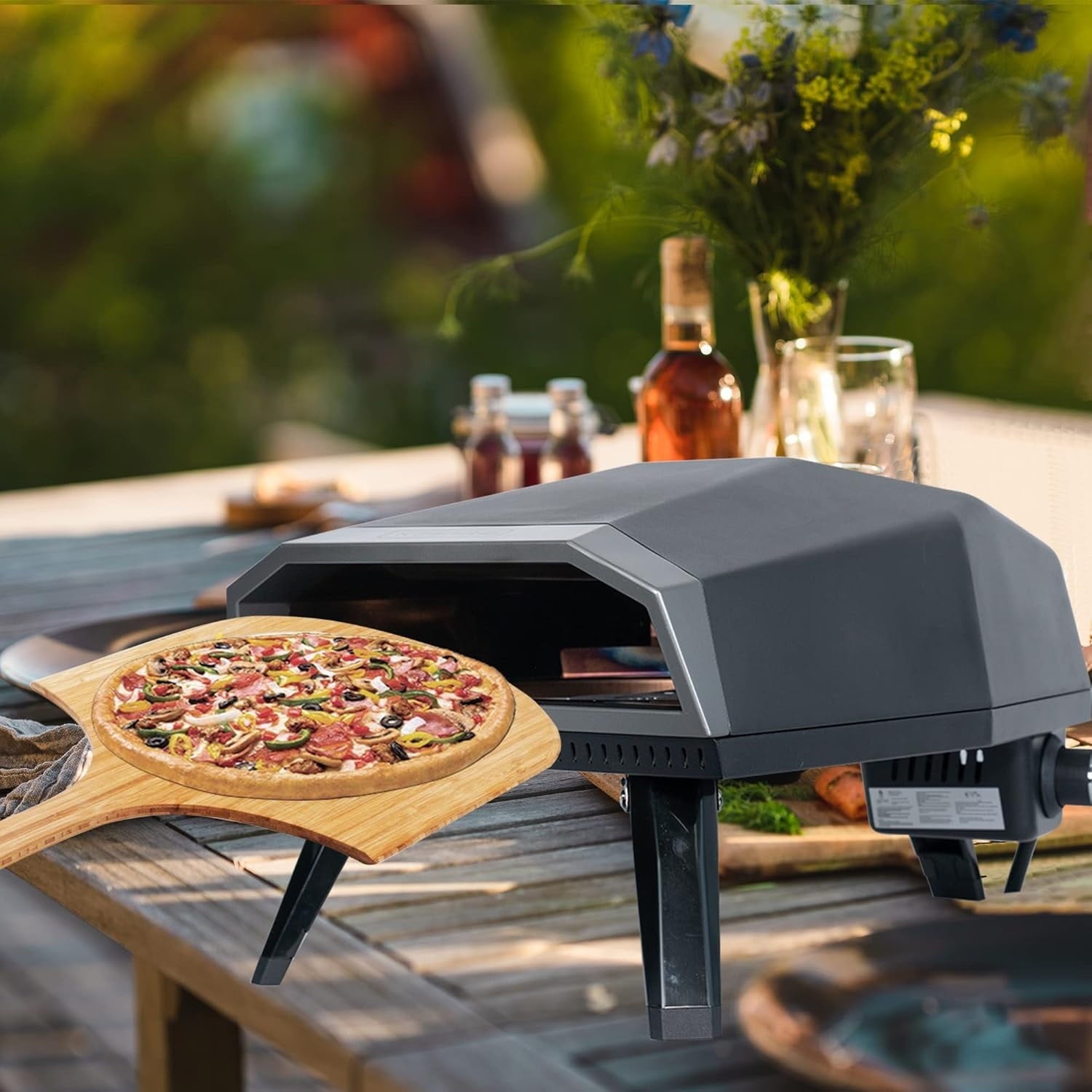 Kognita Outdoor Portable Rotating Steel Countertop Natural Gas Pizza Oven for Grill with 12" Pizza Stones