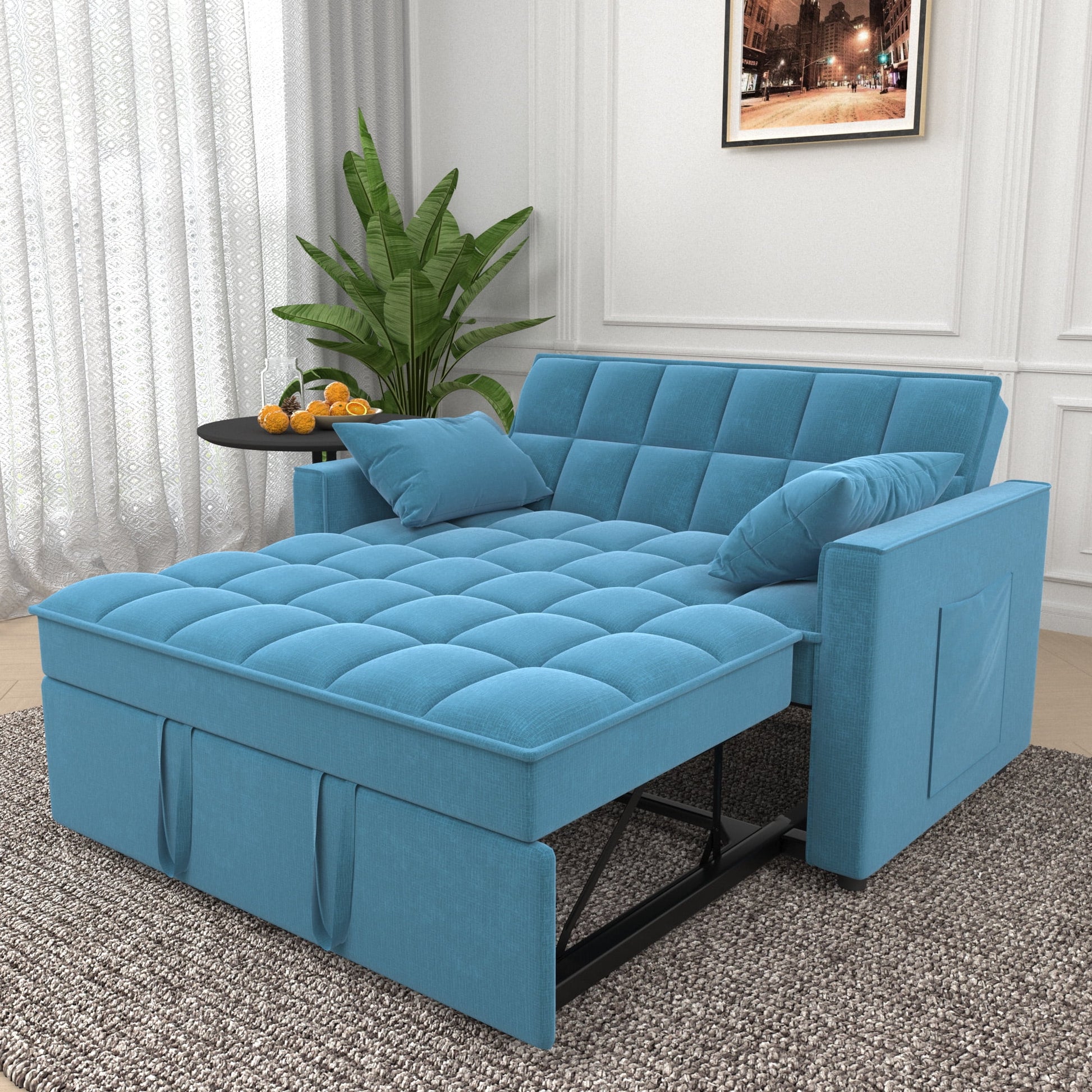 Leumius 3 in 1 Convertible Sofa Bed,Modern Linen Fabric Sleeper Sofa with Pull Out Bed,Loveseat Couch with Adjustable Backrest for Living Room,Light Blue
