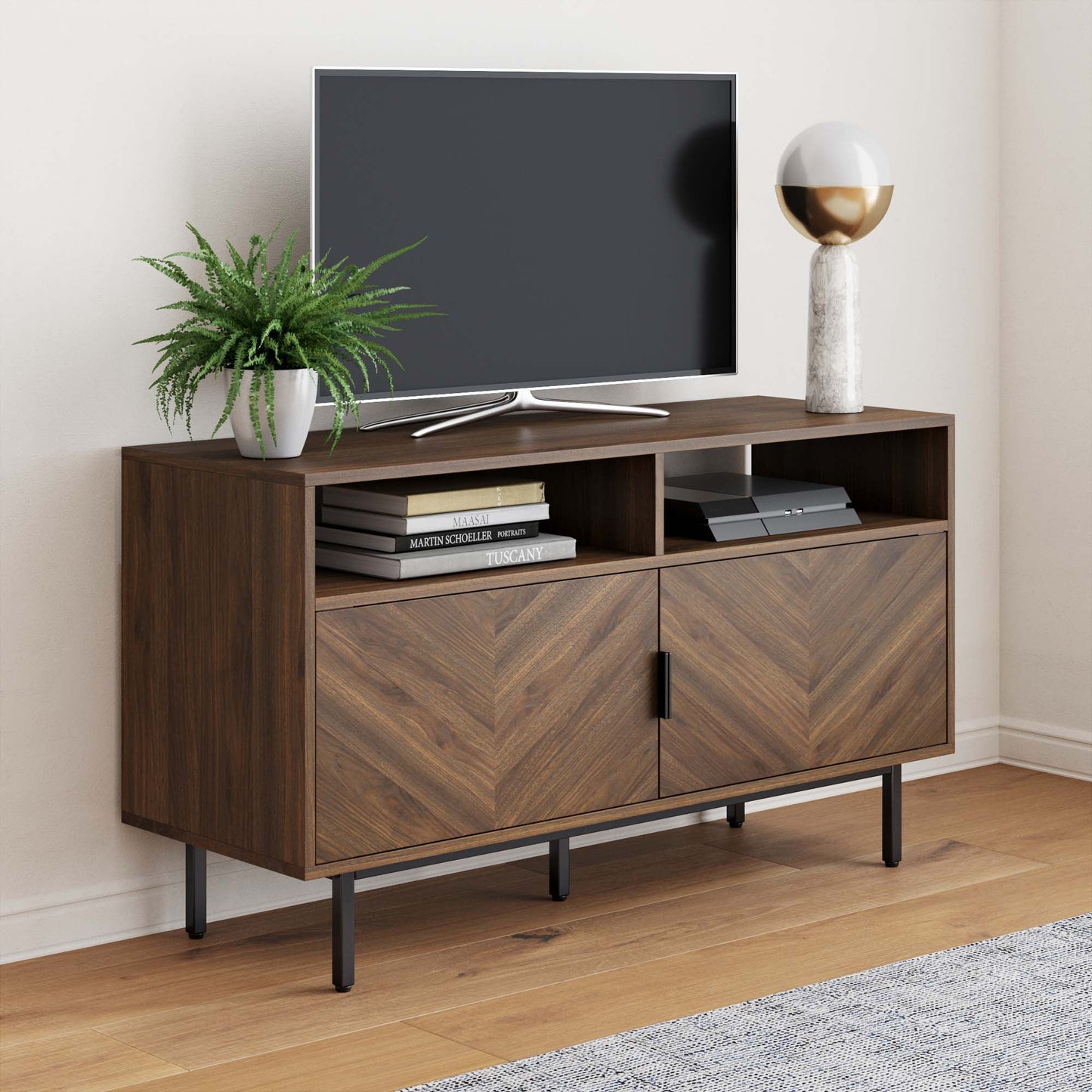 Nathan James Izsak Walnut Media Console, TV Stand Cabinet with Storage for Living Room, Dining Room or Entryway