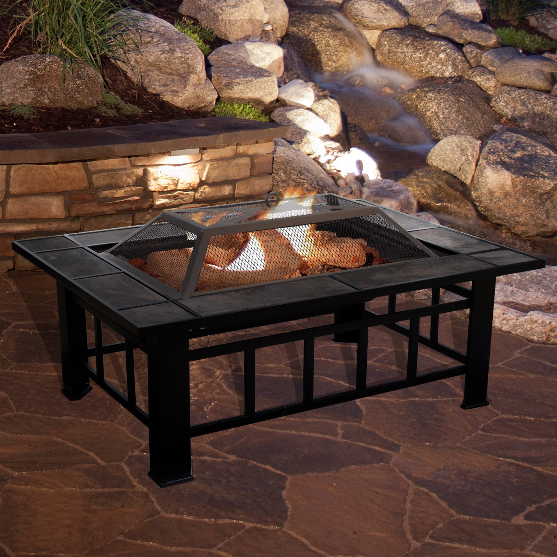 Pure Garden 37-Inch Outdoor Fire Pit with Screen, Cover, and Log Poker (Black)