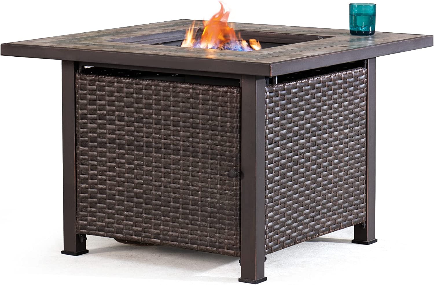 Sunjoy Lynch Square Ceramic tile top with all-weather wicker Propane Powered Firepit