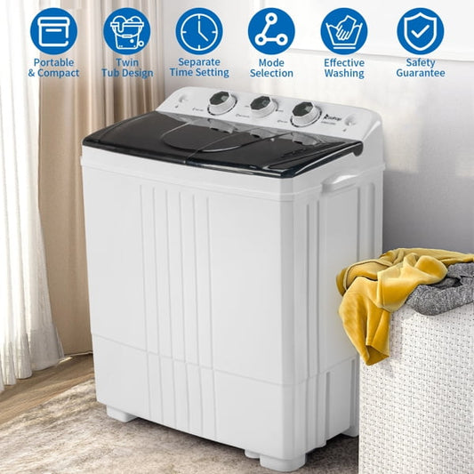 20Lbs Semi-Automatic Twin Tub Washing Machine with Drain Pump - Compact Portable Washer for Apartments, Dorms, RVs, White&Black