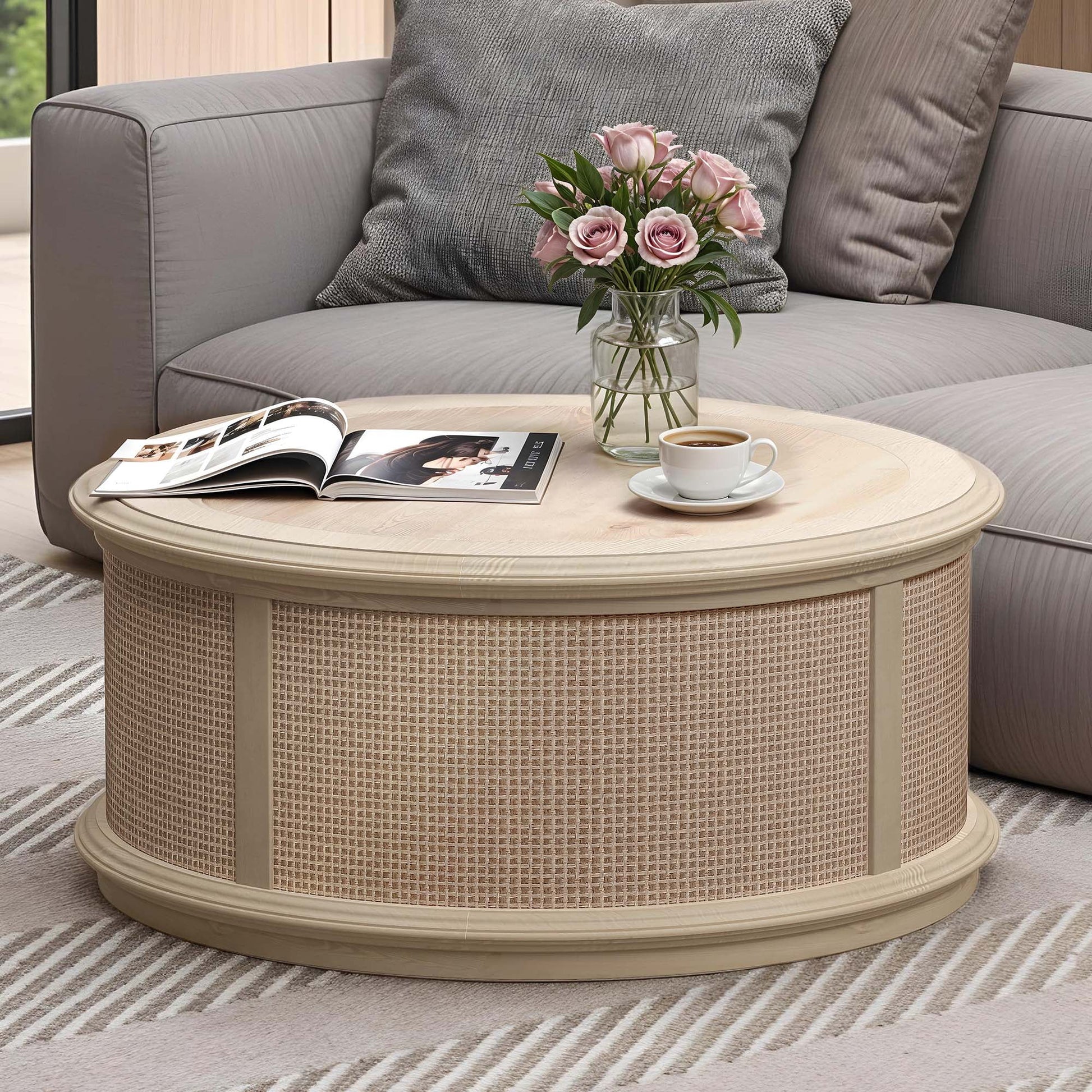Uforic Multifunctional Round Rattan Lift-Top Coffee Table – Natural Wood Finish with Hidden Storage