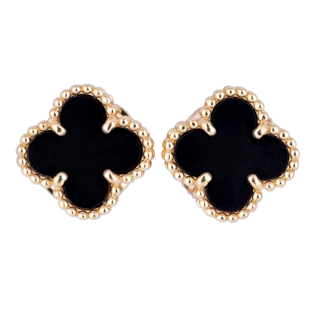 Van Cleef & Arpels Sweet Alhambra Earrings | Onyx & 18k Yellow Gold | Papers | 2023