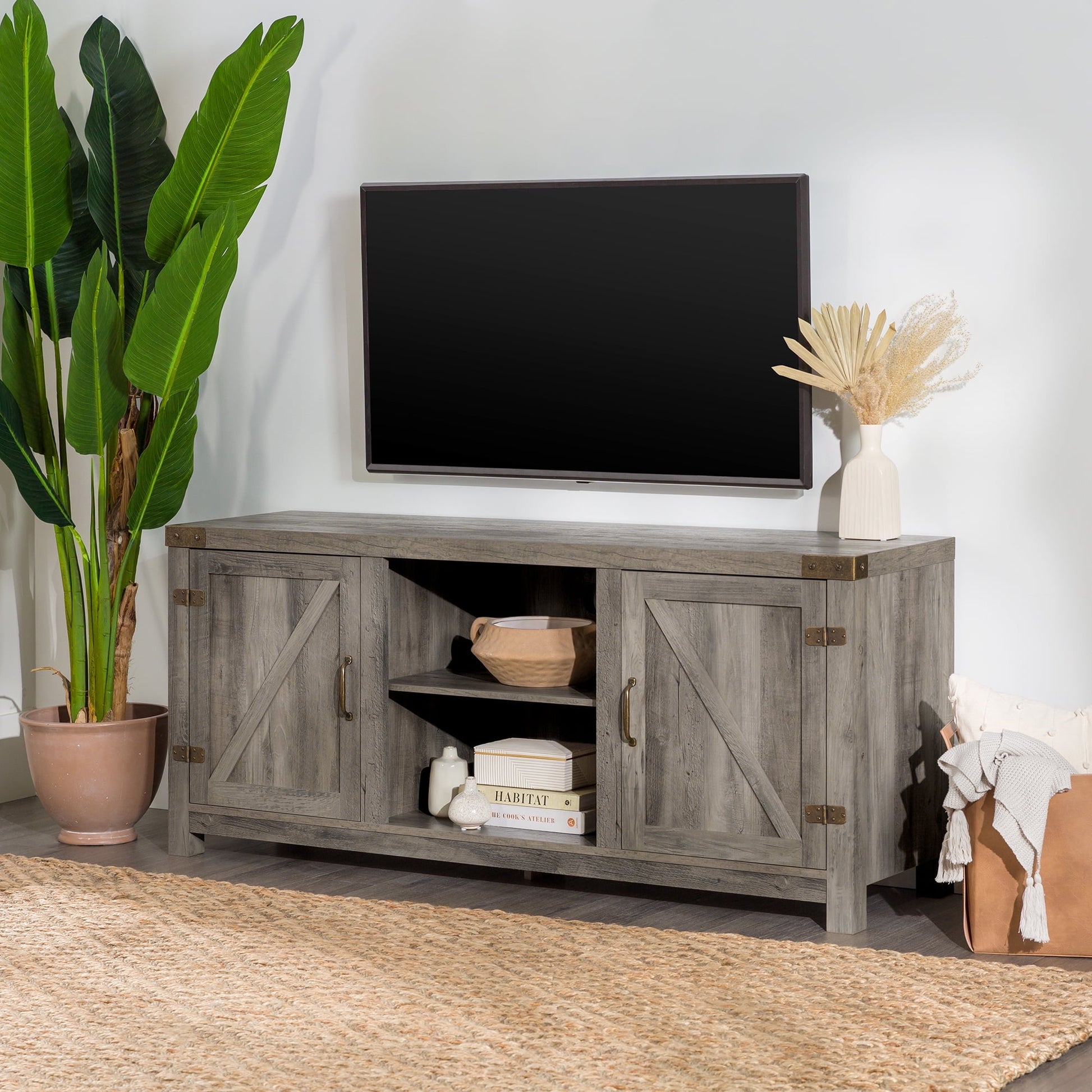 Walker Edison Modern Farmhouse Barn Door TV Stand for TVs up to 65", Grey Wash