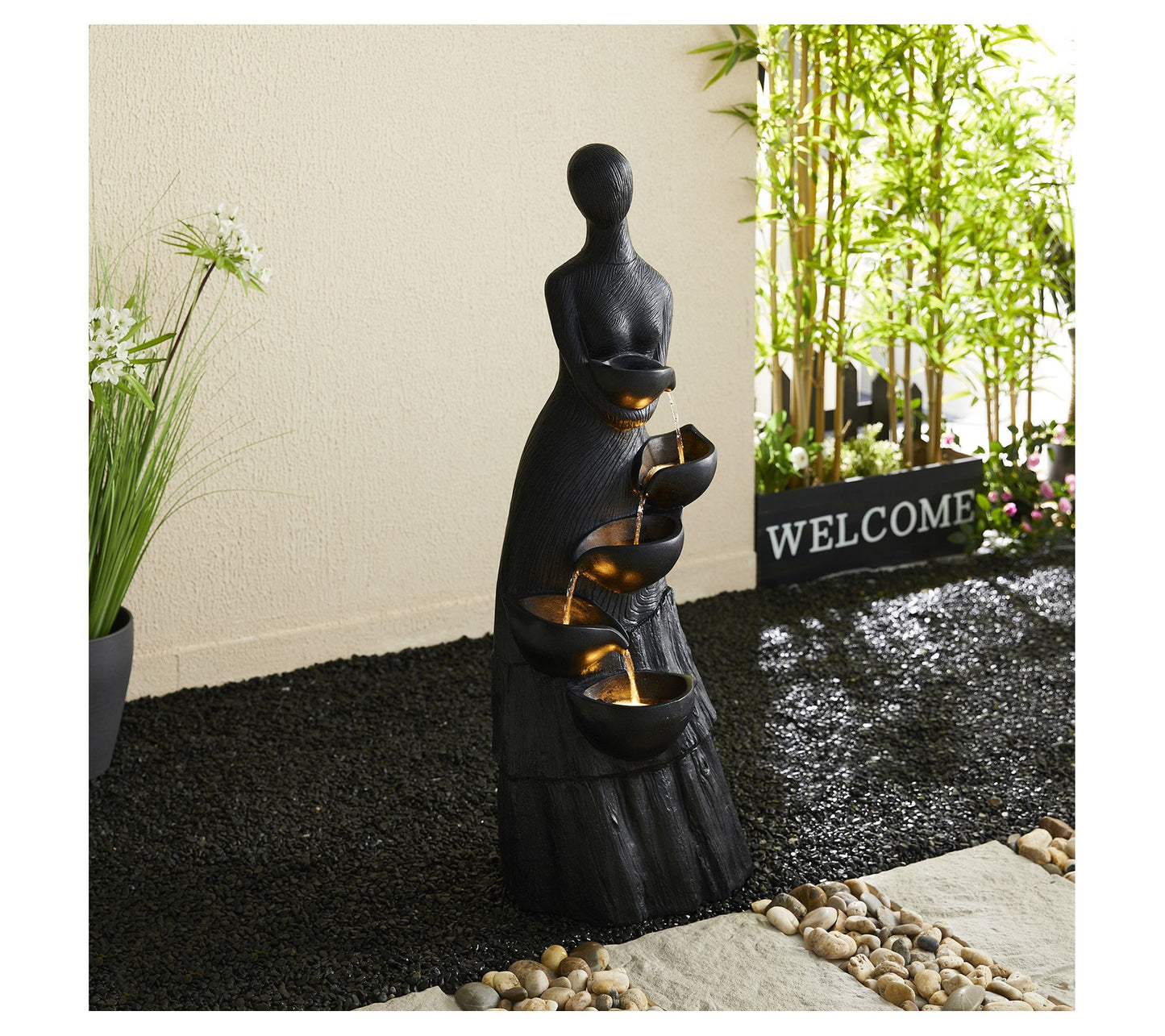 Glitzhome 40" 5-Tiered LED Abstract Sculptur Outdoor Fountain